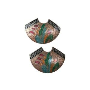 Vintage SG Cloisonne Enamel Earrings Colorful Art Deco Stud Pierced Retro Style
